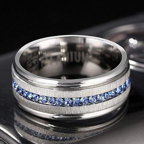 Men's 8mm Brushed Titanium Steel Blue Sapphire CZ Comfort-Fit Wedding Band
